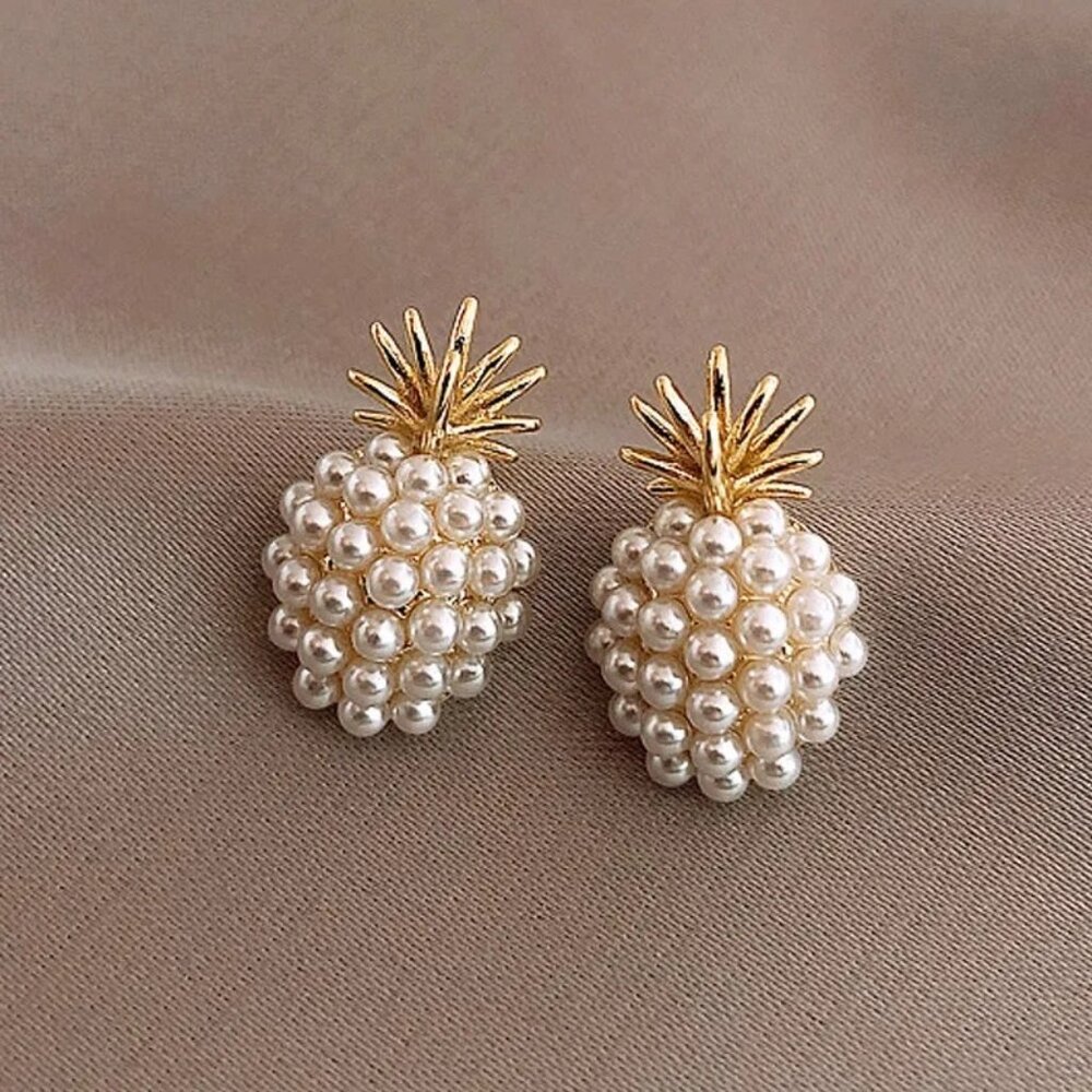 2/$24 NEW Pineapple Earrings Post Gold Tone Pearl Tropical Beach Vacation - Picture 5 of 9